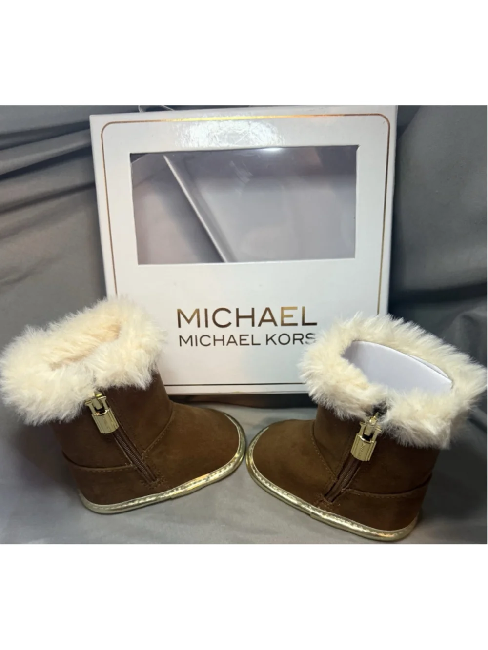 Michael Kors Baby Tan Faux Fur Bow Cozy Winter Boots Size Baby 1 NWT